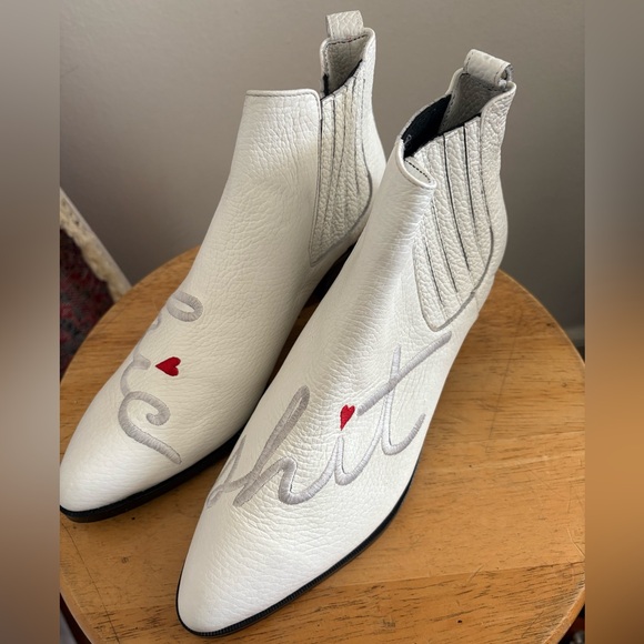 Modern Vice “Chic Sh❗️t” White Ankle Boots with Red and Silver Accents - Picture 3 of 3